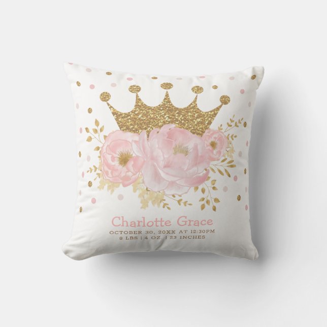 Blush Gold Royal Princess Crown Baby Birth Stats Throw Pillow (Front)