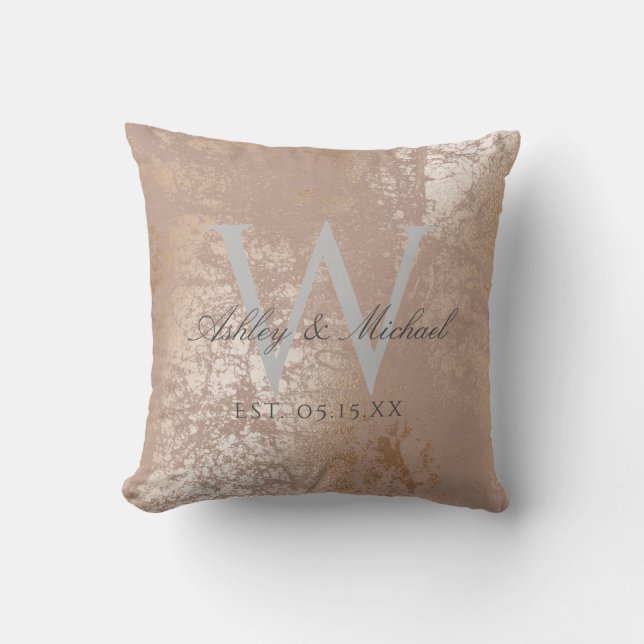 Blush & Gold Script Monogram Wedding Keepsake Throw Pillow (Front)