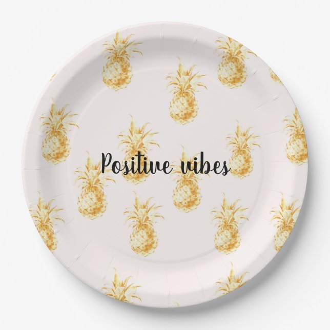 Blush Gold Tropical Pineapples personalized quote Paper Plate (Front)