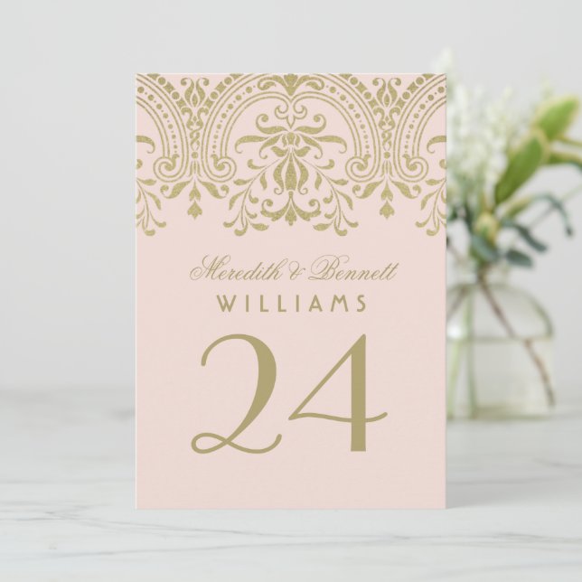 Blush Gold Vintage Glamour Wedding Table Number (Standing Front)