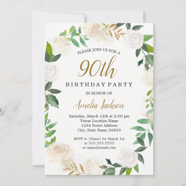Blush Gold Watercolor Wreath 90th Birthday Invitation (Front)