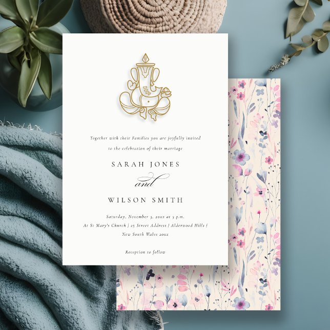 Blush Gold Wildflower Ganesh Indian Wedding Invitation (Creator Uploaded)