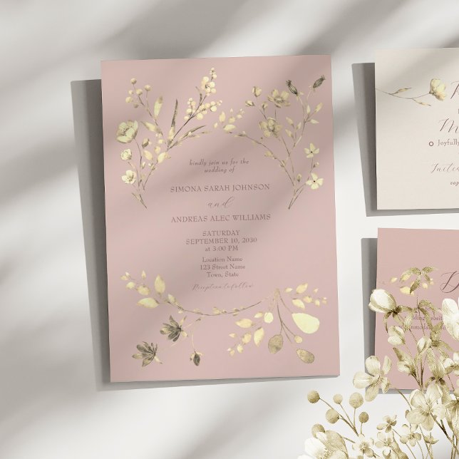 Blush Gold Wildflower Wedding Invitation (Creator Uploaded)