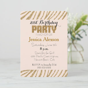Blush Gold Zebra Print Faux Glitter 21st Birthday Invitation