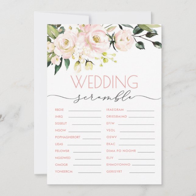 Blush Green Floral Wedding Word Scramble Game Invitation (Front)
