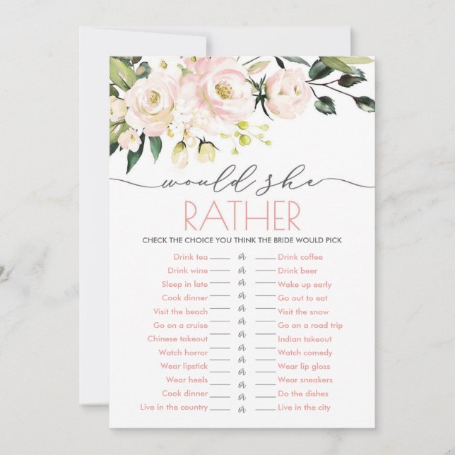 Blush Green Floral Wedding Would She Rather Invitation (Front)