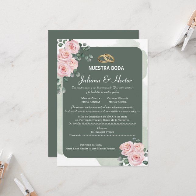  Blush Green Florals Wedding  Invitation (Front/Back In Situ)