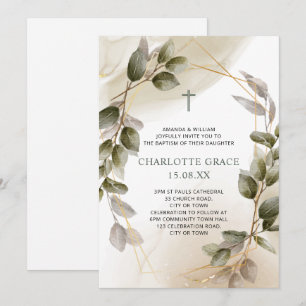 Blush Green & Gold Frame Botanical Baptism Invitation