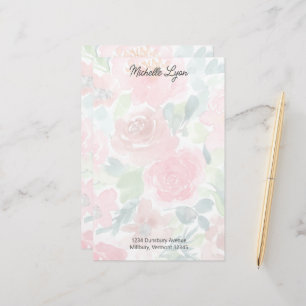 Blush, Green Transparent Watercolor Roses Custom S Stationery