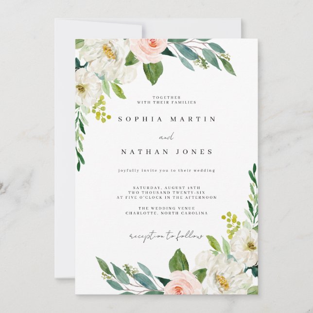 Blush Green Watercolor Botanical Wedding Invitation (Front)