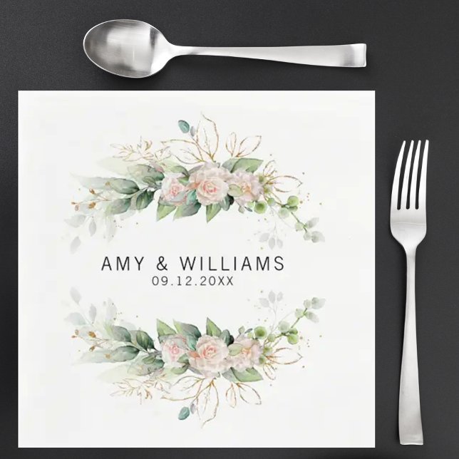 Blush Greenery Watercolor Personalized Wedding  Napkin (Creator Uploaded)