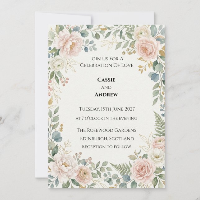 Blush Greenery Wedding Invitation (Front)