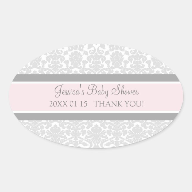 Blush Grey Damask Baby Shower Favour Stickers (Front)