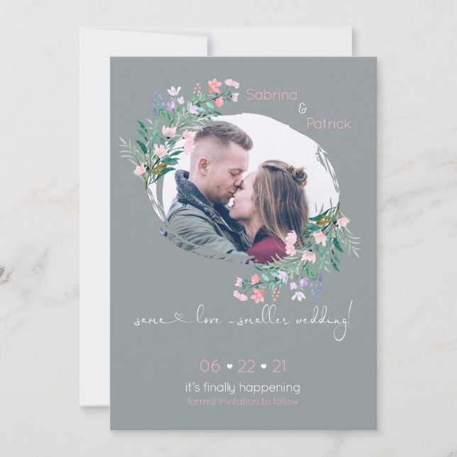Blush-Grey Floral Paint Stroke Frame Save the Date (Front)