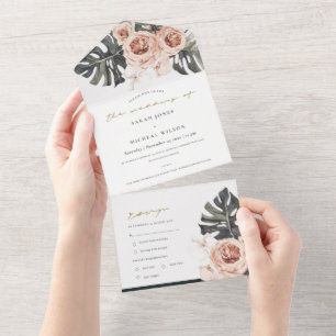 BLUSH GREY FLORAL WREATH MONSTRERA LEAF WEDDING AL ALL IN ONE INVITATION