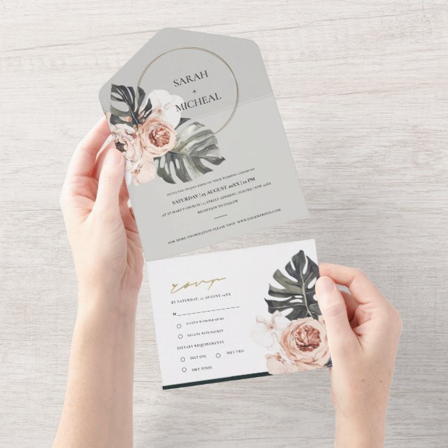 BLUSH GREY FLORAL WREATH MONSTRERA LEAF WEDDING ALL IN ONE INVITATION (Tearaway)