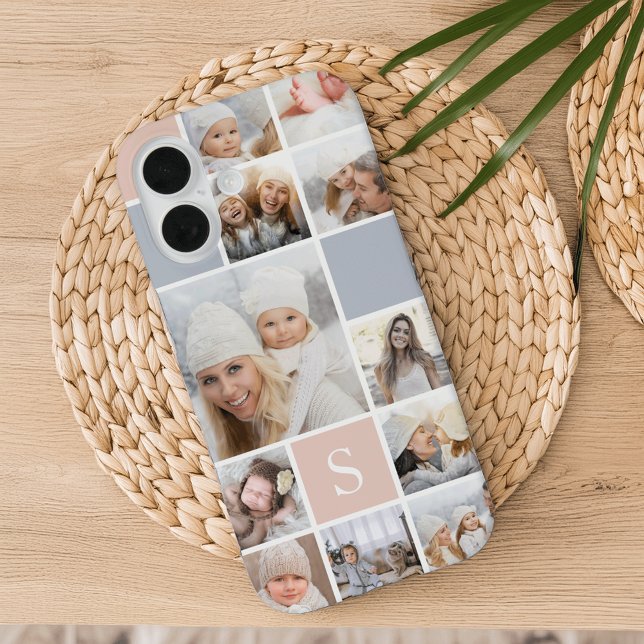 Blush & Grey Photo Collage & Monogram Case-Mate iPhone Case (Creator Uploaded)