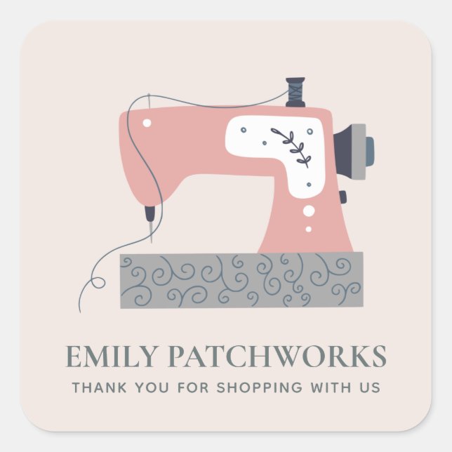 BLUSH GREY PINK SEWING MACHINE THANK YOU SHOPPING SQUARE STICKER (Front)