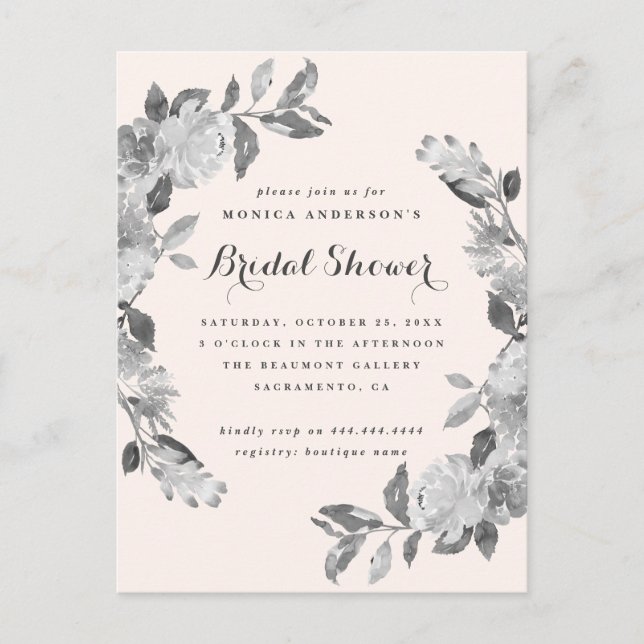 Blush & Grey Watercolor Floral Bridal Shower Invitation Postcard (Front)
