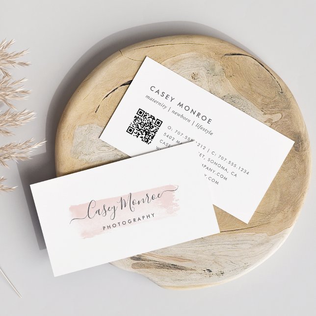 Blush & Grey Watercolor Signature Script QR Code Business Card (Creator Uploaded)