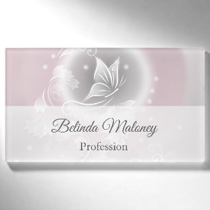 Blush Grey White Floral Butterfly Fantasy Name Tag