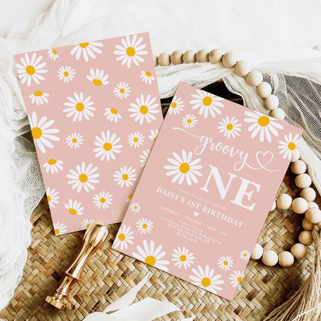 Blush Groovy One Boho Daisy Floral 1st Birthday Invitation (Creator Uploaded)