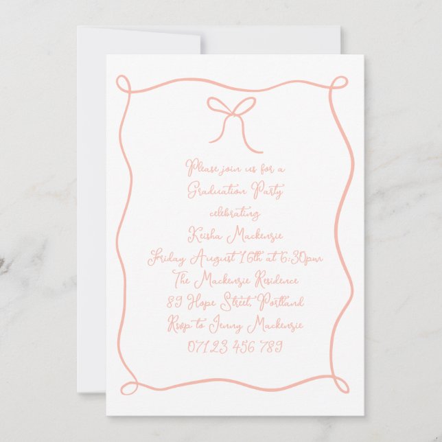 Blush Hand Drawn Bow Photo Graduation Party Invitation (Front)