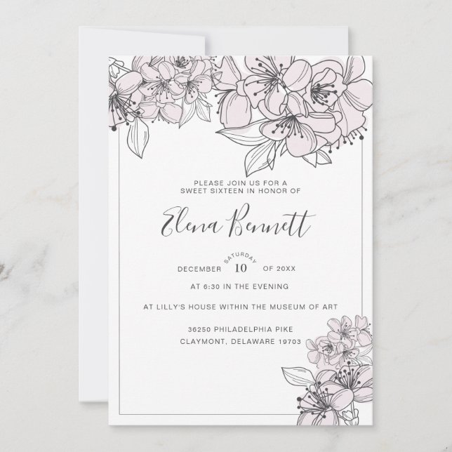 Blush Hand Drawn Flowers Sweet Sixteen Invitation (Front)