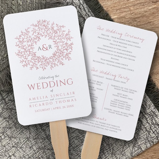 Blush hand drawn leaf monogram art wedding program fan (Creator Uploaded)
