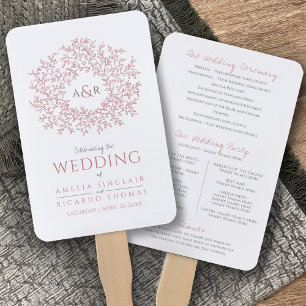 Blush hand drawn leaf monogram art wedding program hand fan