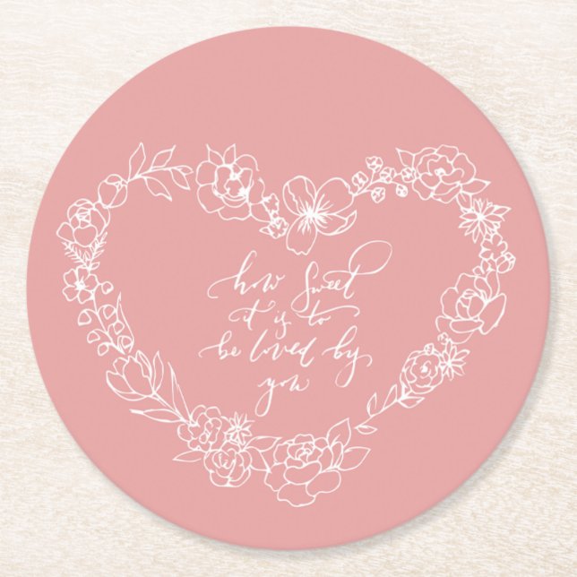 Blush heart floral line round paper coaster (Front)