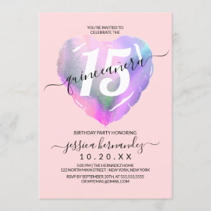 Blush Holographic Foil Heart Balloon Quinceañera Invitation