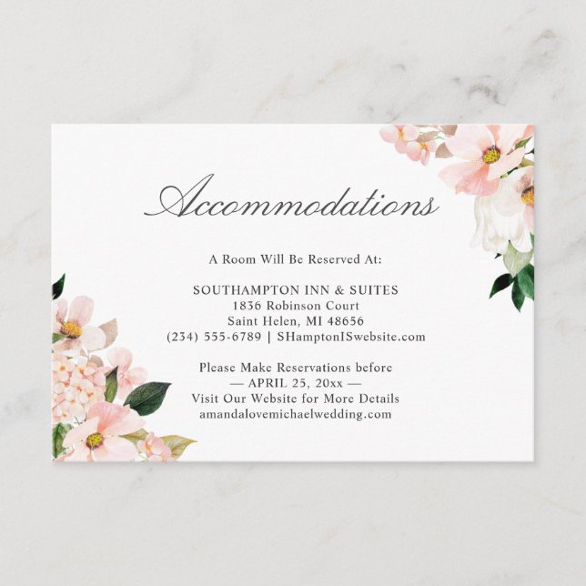 Blush Hydrangea Accommodations Enclosure Card (Front)