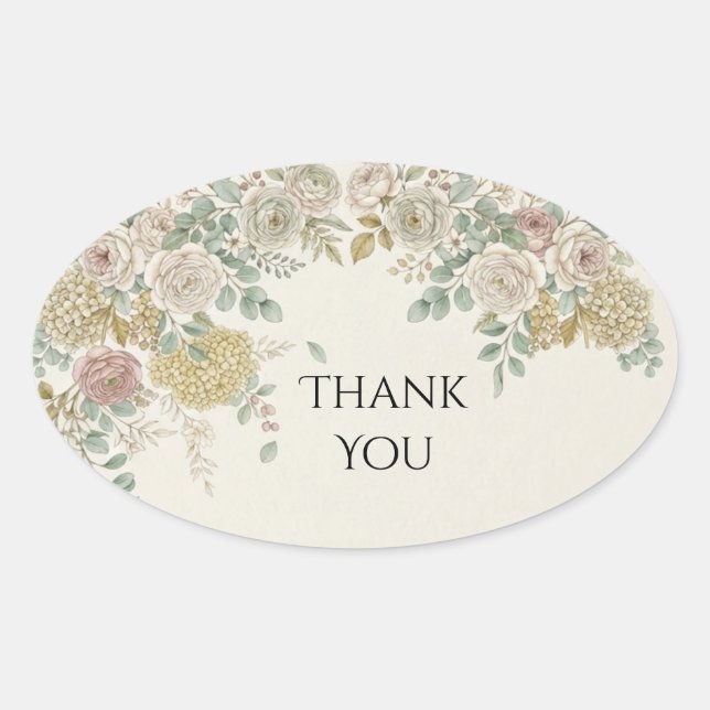 Blush Hydrangea Rose Wedding Thank You Oval Sticker (Front)