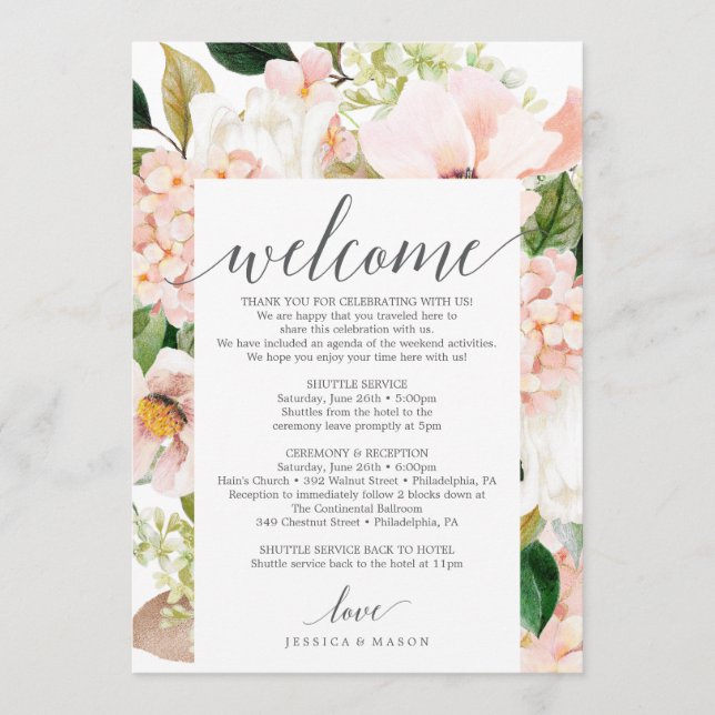 Blush Hydrangea Wedding Welcome Itinerary Letter Program (Front)
