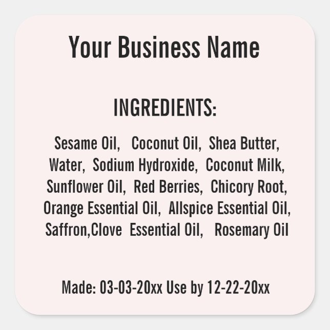 Blush Ingredient List Handmade Skincare product  Square Sticker (Front)