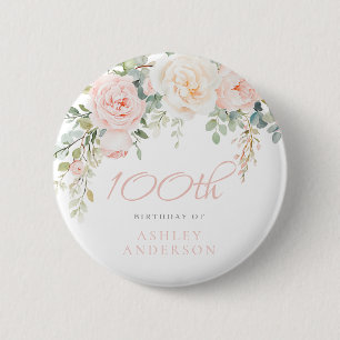 Blush & Ivory Floral 100th Birthday Party 2 Inch Round Button