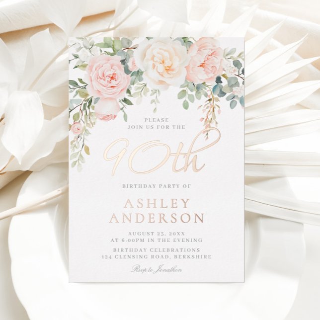 Blush & Ivory Floral 90th Birthday Party Rose Gold (Creator Uploaded)
