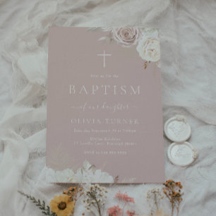 Blush & Ivory Floral Dusty Pink Baptism Invitation