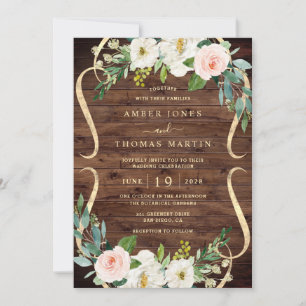 Blush Ivory Floral Pretty Rustic Wood Wedding Invitation