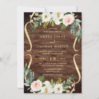 Blush Ivory Floral Pretty Rustic Wood Wedding Invitation