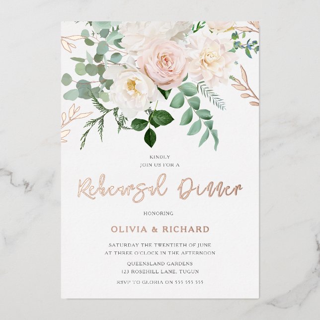 Blush & Ivory Flowers Rose Gold Rehearsal Dinner (Front)