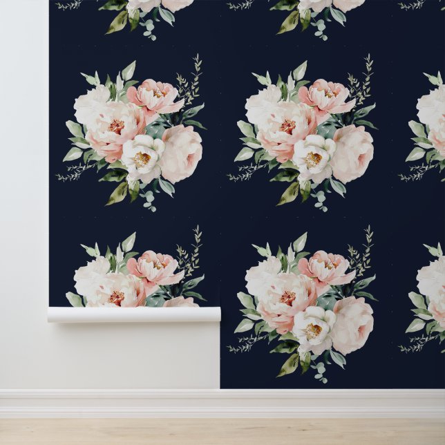 Blush Ivory White Peonies Roses Floral Navy  Wallpaper (Application)