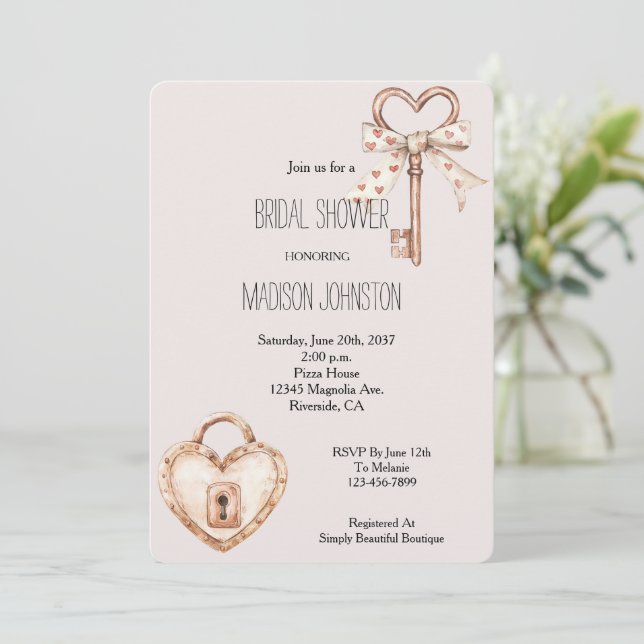 Blush Key To My Heart Bridal Shower Invitation (Standing Front)