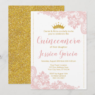 Blush Lace and Glitter Gold Princess Quinceañera Invitation
