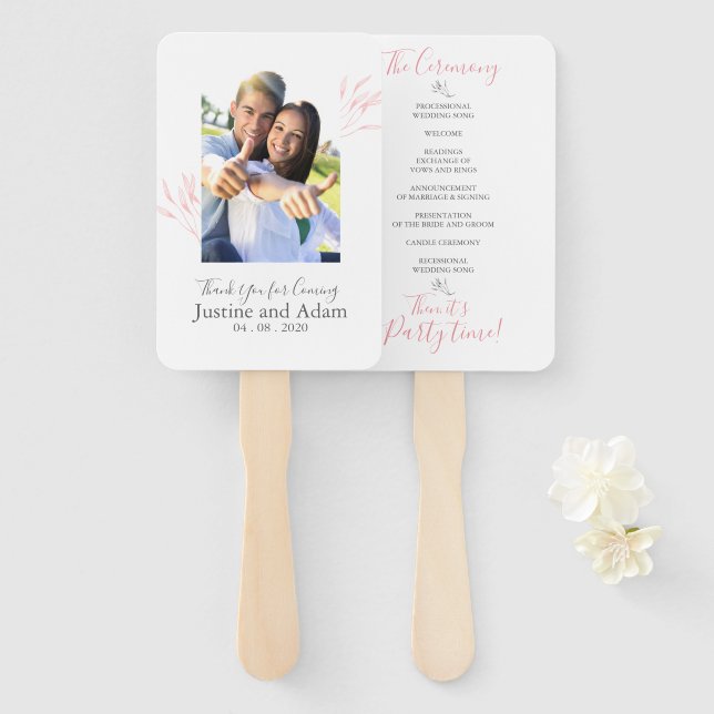 Blush Laurel Leaves Modern Wedding Program Hand Fan (Front and Back)