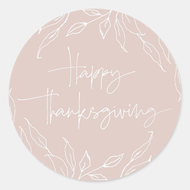 Blush Leaf Motif Happy Thanksgiving Classic Round Sticker (Front)