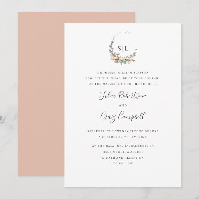 Blush leaves and flower  formal monogram wedding invitation (Front/Back)