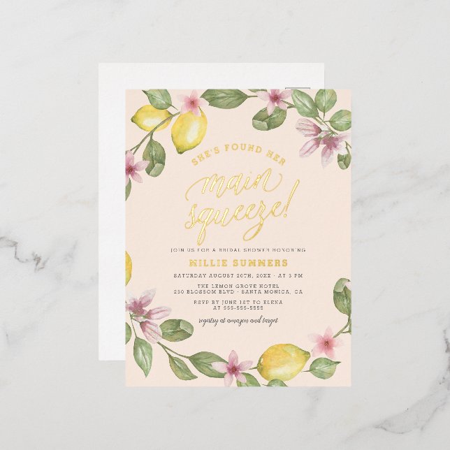 Blush | Lemon Wreath Main Squeeze Bridal Shower Foil Invitation Postcard (Front/Back)