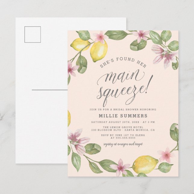 Blush | Lemon Wreath Main Squeeze Bridal Shower Invitation Postcard (Front/Back)